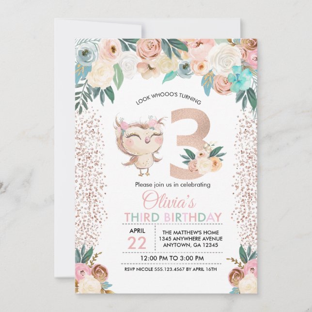 Peachy Owl Dritter Geburtstag Einladung (Vorderseite)
