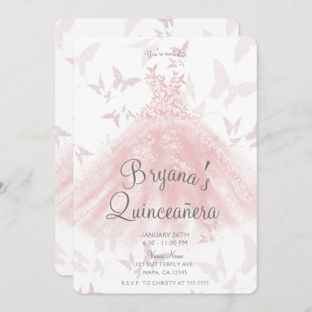 Peachy Pink Butterfly Dance Dress Quinceañera Einladung (Vorne/Hinten)