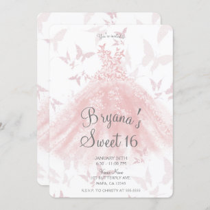 Peachy Pink Butterfly Dance Dress Sweet 16 Party Einladung