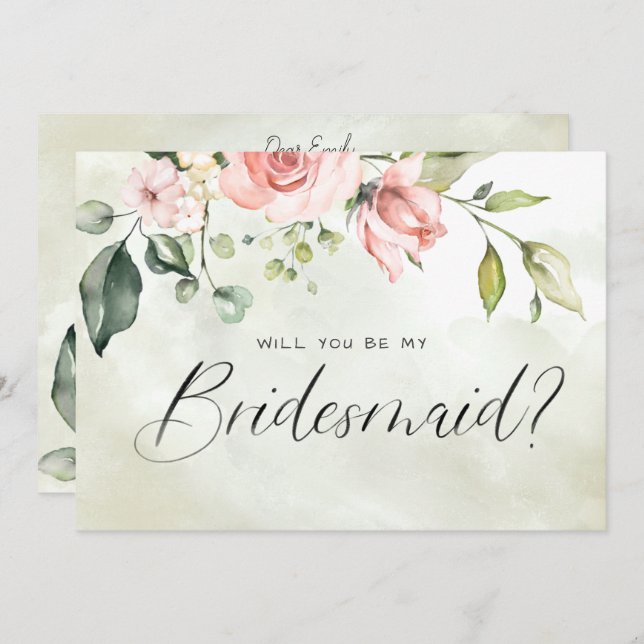 Peachy Pink Floral Aquarell Script Bridesmaid Einladung (Vorne/Hinten)
