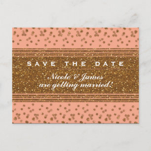 Peachy Pink & Gold Confetti Save the Date Postkart Ankündigungspostkarte