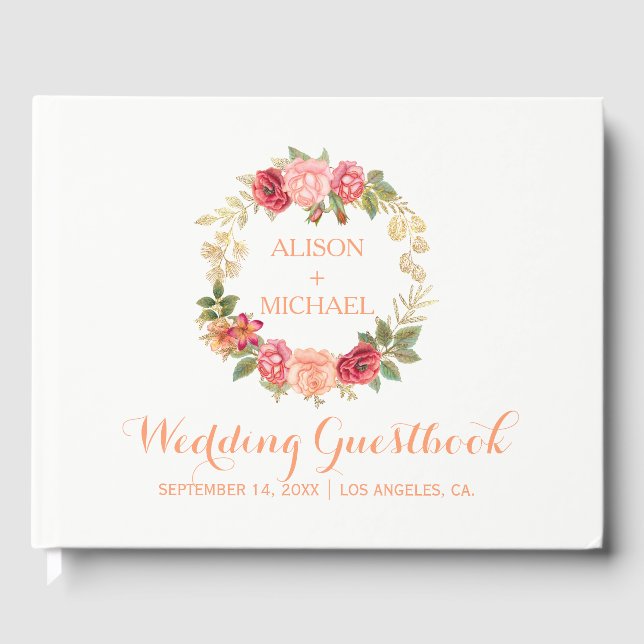 Peachy-pink-goldfarbene Rose schwelgen Hochzeitsbu Gästebuch (Vorderseite)
