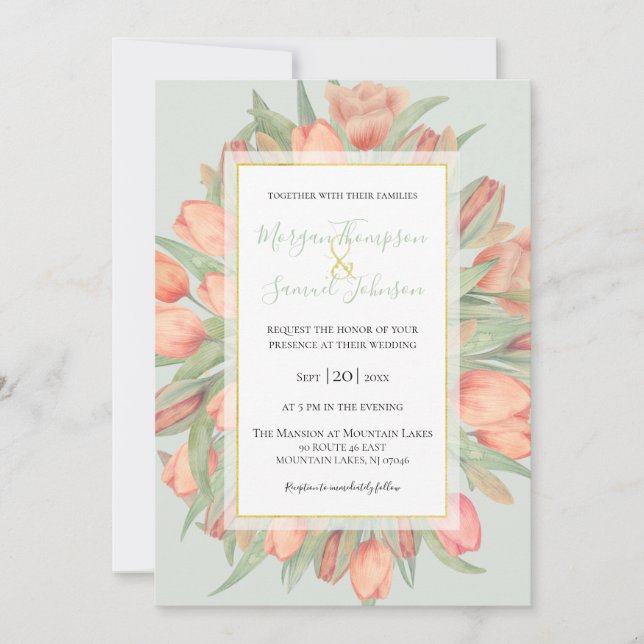 Peachy Pink & Mint Spring Tulips Hochzeit Einladung (Vorderseite)