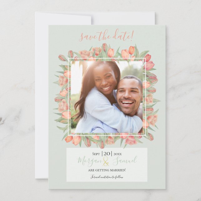 Peachy Pink & Mint Spring Tulips Save the Date (Vorderseite)