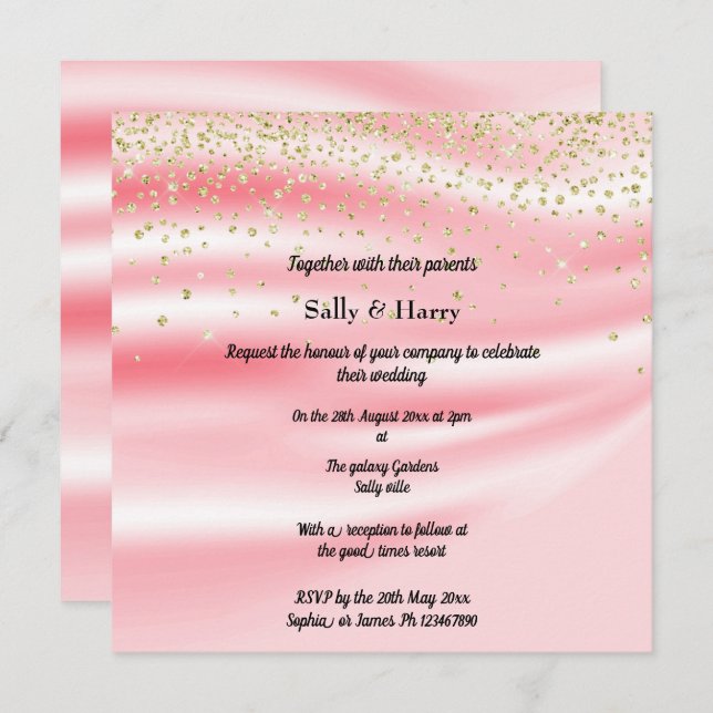 Peachy Pink Satin Sparkle Gold Einladung (Vorne/Hinten)