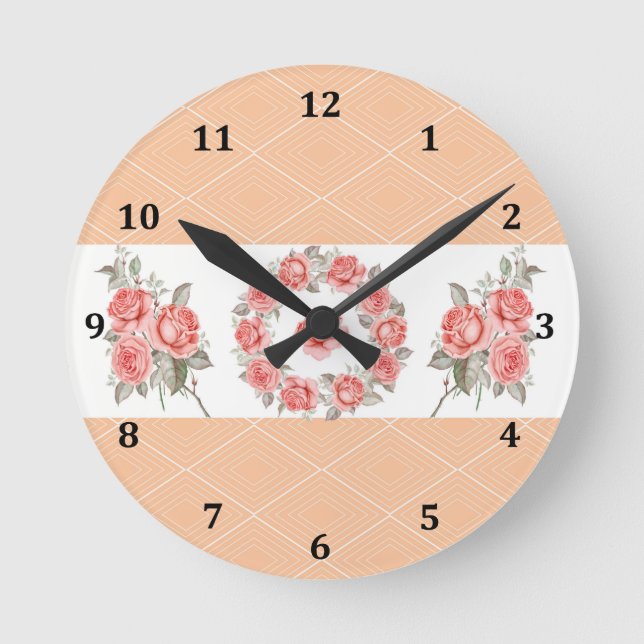 Peachy Rose & Square Design Runde Wanduhr (Vorderseite)