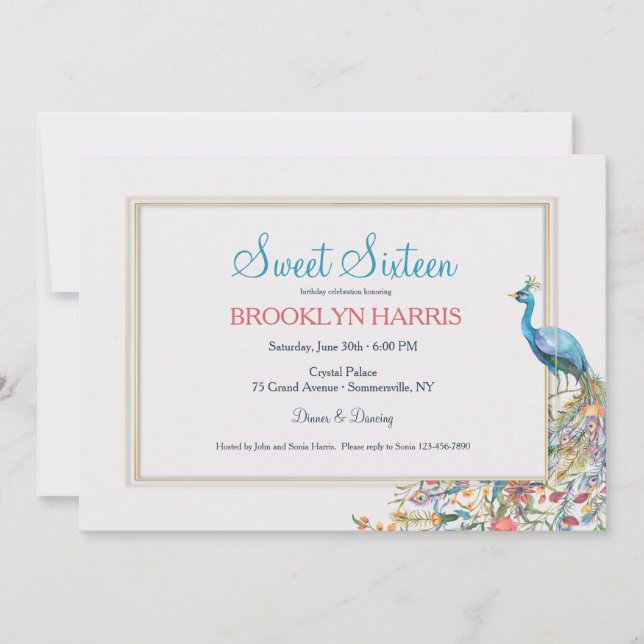 Peacock 16 . Geburtstag Birthday Party Einladung (Vorderseite)