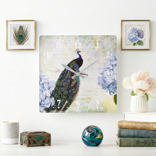 Peacock and hydrangea quadratische wanduhr