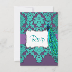 Peacock Aqua & Lila Damask Hochzeitskarten RSVP Karte