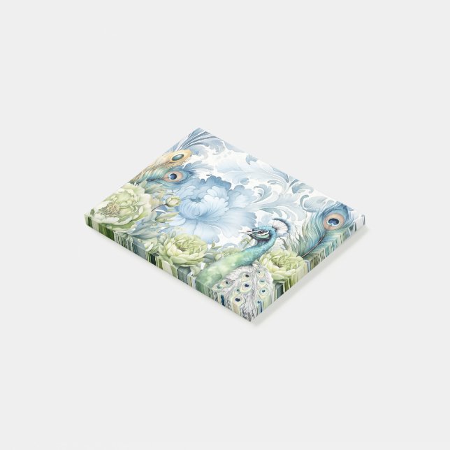 Peacock Aquamarin & Sage Feathers Floral Damask Post-it Klebezettel (angewinkelt)