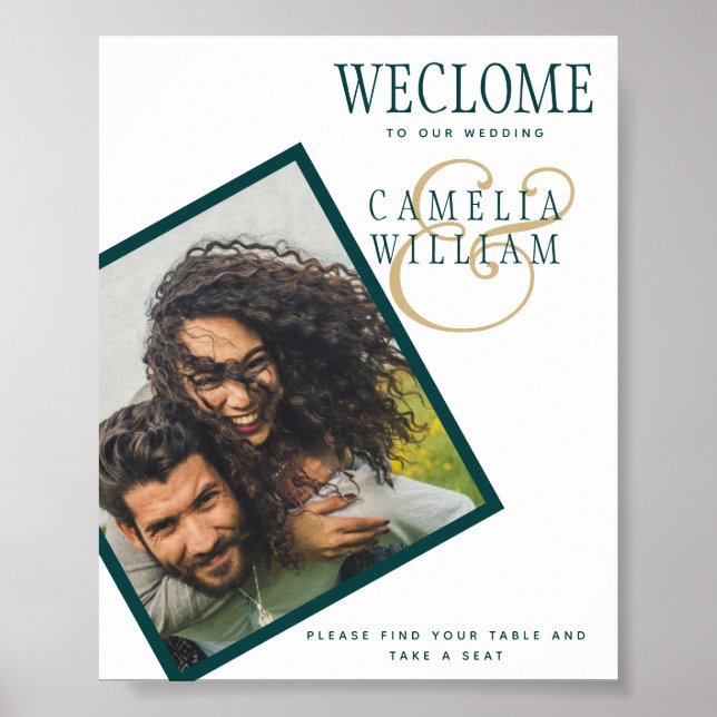 Peacock AQUAMARINES Green Gold Wedding FOTO Begrüß Poster (Vorne)
