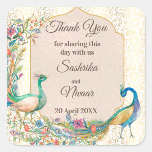 Peacock Arabian Muster indische Gastgeschenk Hochz Quadratischer Aufkleber