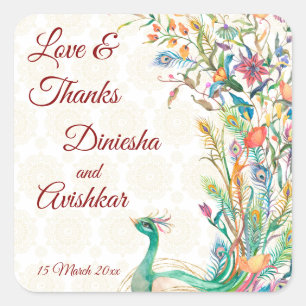 Peacock Arabian Muster indische Gastgeschenk Hochz Quadratischer Aufkleber