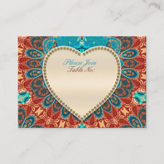 Peacock Batik Aqua Gold Wedding Table Cards Platzkarte (Vorderseite)