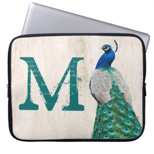 Peacock Bird Feather Aquamarin Monogram 15" Laptop Laptopschutzhülle