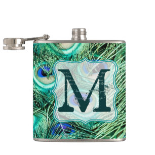Peacock Bird Feather Aquamarin Monogram Whiskey Fl Flachmann