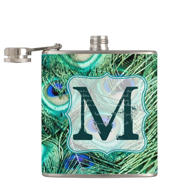 Peacock Bird Feather Aquamarin Monogram Whiskey Fl Flachmann (Geöffnet)