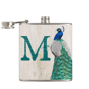 Peacock Bird Feather Aquamarin Monogram Whiskey Fl Flachmann