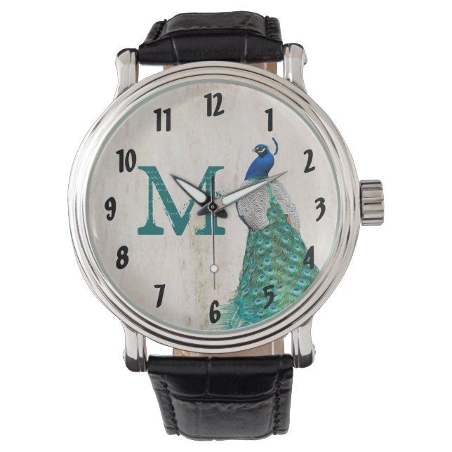 Peacock Bird Feather Aquamarin Türkis Vintag beoba Armbanduhr (Vorderseite)