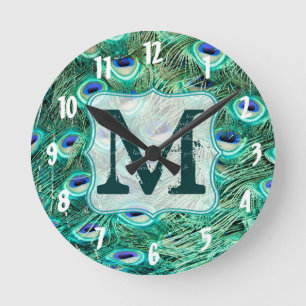 Peacock Bird Feather Monogram Initial Wall Clock Runde Wanduhr