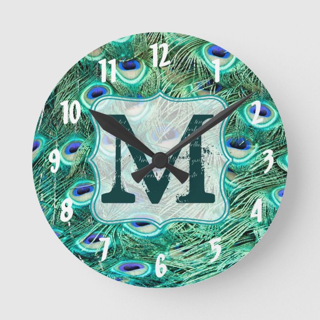 Peacock Bird Feather Monogram Initial Wall Clock Runde Wanduhr (Vorderseite)