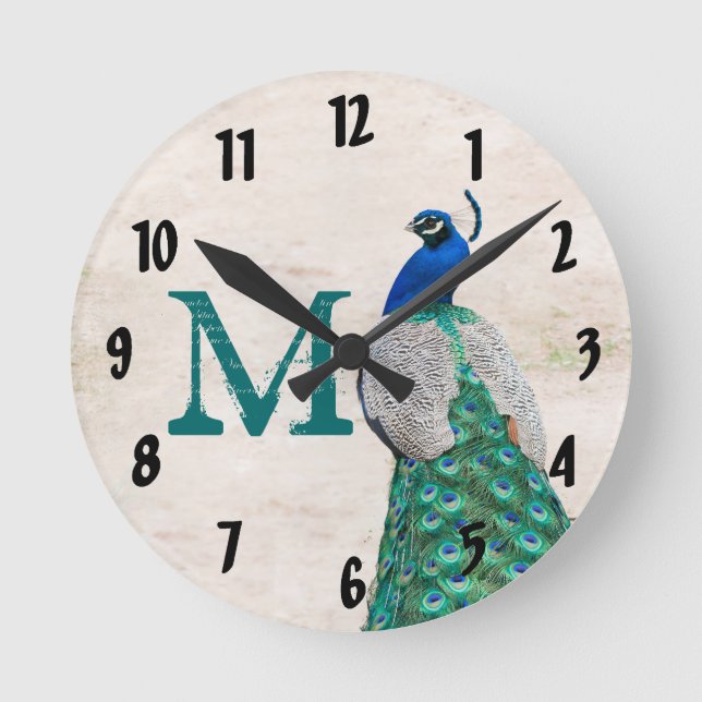 Peacock Bird Feather Monogram Initial Wall Clock Runde Wanduhr (Vorderseite)