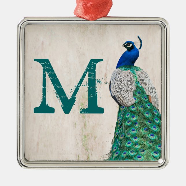 Peacock Bird Feather Tea Monogram, Initial Ornamen Silbernes Ornament (Vorne)