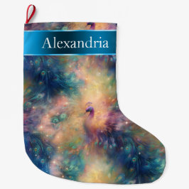 Peacock Bird Feathers Blue Gold Weihnachtsname Großer Weihnachtsstrumpf