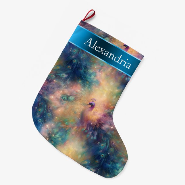 Peacock Bird Feathers Blue Gold Weihnachtsname Großer Weihnachtsstrumpf (Vorderansicht (hängend))