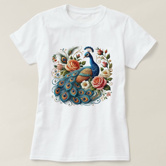 Peacock Bird Flora Art Art T-Shirt (Design vorne)
