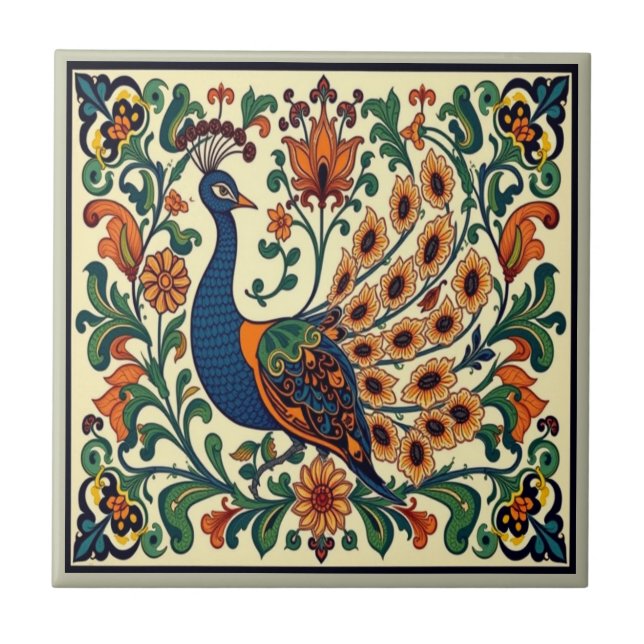 Peacock Bird Morris Morgan Boho Fliese (Vorderseite)
