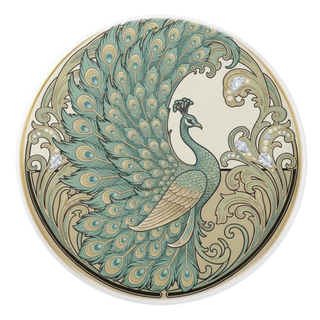Peacock Bird Sage Green & Gold Art Deco Nouveau Keramikknauf (Vorderseite)