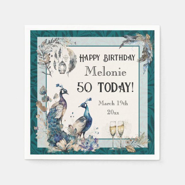 Peacock Birthday Napkin Serviette (Vorderseite)