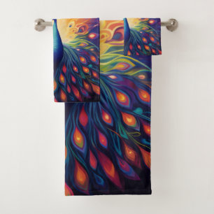 Peacock - Blau-grüne, rosa, orange Gelbe Federn Badhandtuch Set