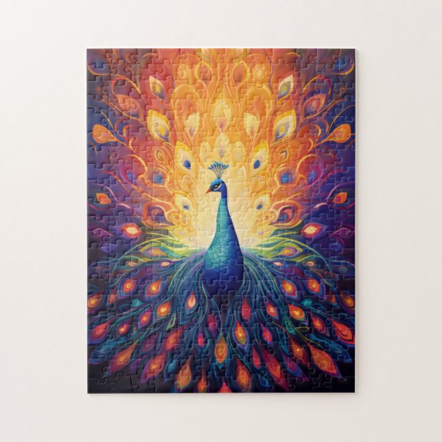 Peacock - Blau-grüne, rosa, orange Gelbe Federn Puzzle (Vertikal)
