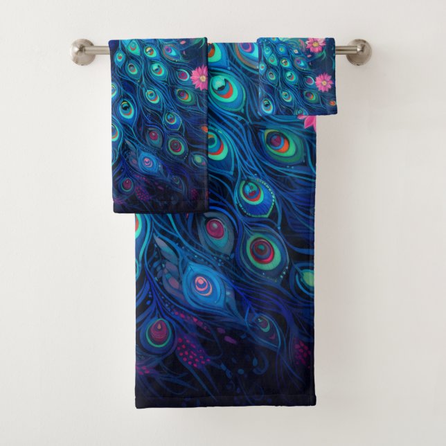 Peacock - Blaue grüne Aquafedern und rosa Blume Badhandtuch Set (Insitu)