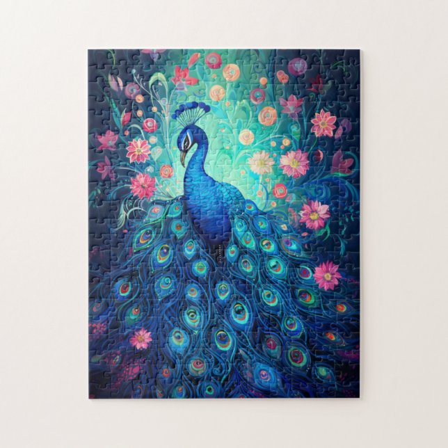 Peacock - Blaue grüne Aquafedern und rosa Blume Puzzle (Vertikal)