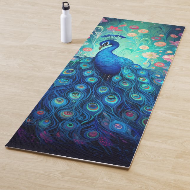 Peacock - Blaue grüne Aquafedern und rosa Blume Yogamatte (Beispiel)