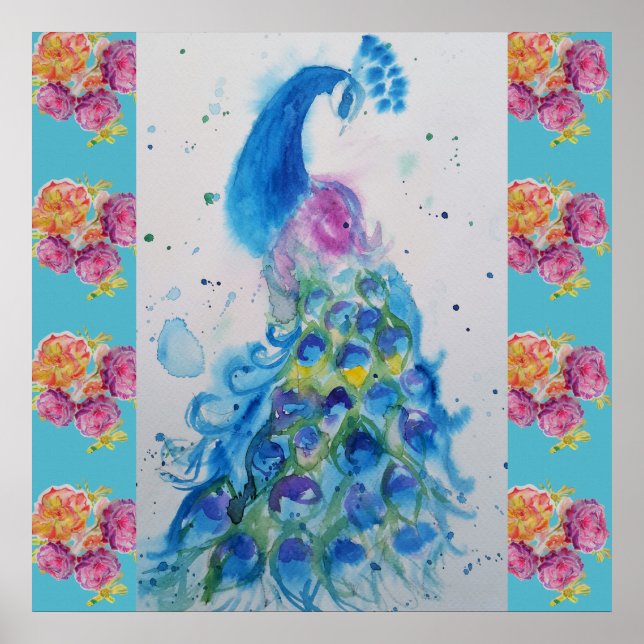 Peacock Blue Bird Aqua Rose Poster (Vorne)