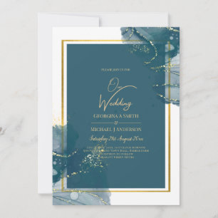 Peacock Blue Gold Alkohol INK Chic Wedite Einladun Einladung
