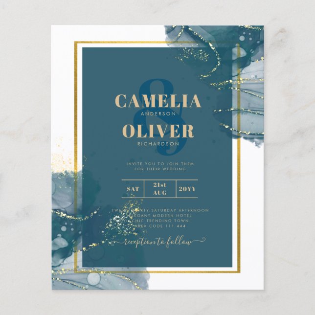 Peacock Blue Gold Alkohol INK Chic Wedite Einladun Flyer (Vorne)