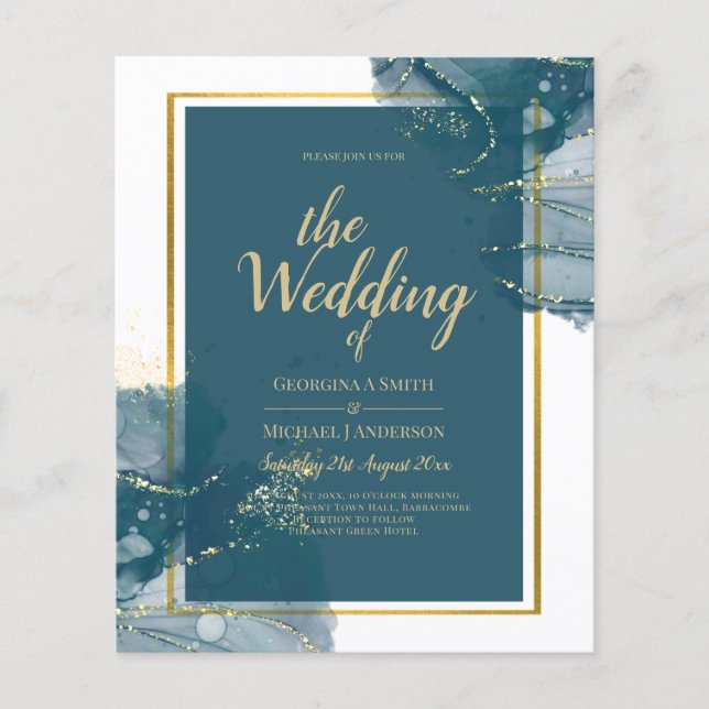 Peacock Blue Gold Alkohol INK Chic Wedite Einladun Flyer (Vorne)