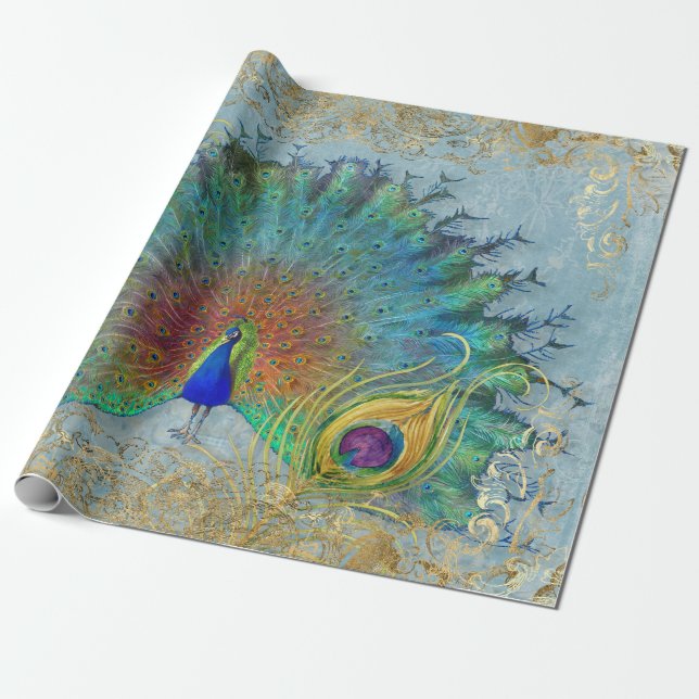 Peacock Blue Gold Foil Rokoko Scroll Decoupage Geschenkpapier (Ungerollt)