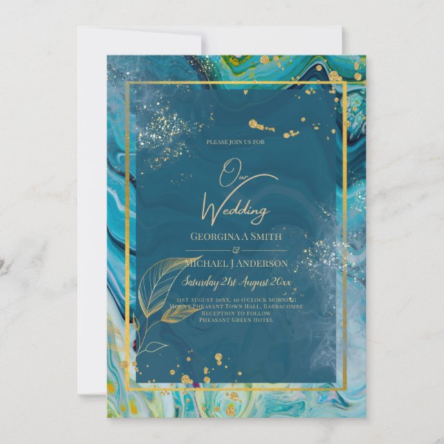 Peacock Blue Gold INK Abstrakt Wedding Einladung (Vorderseite)