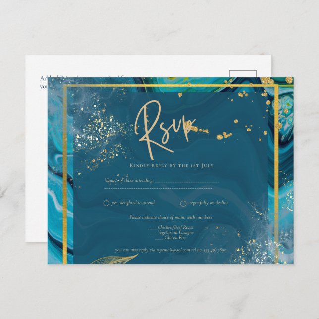 Peacock Blue Gold INK Abstrakt Wedding Postkarte (Vorne/Hinten)
