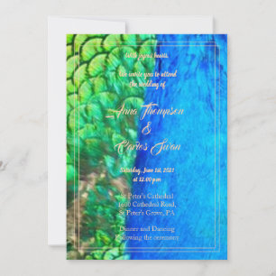 Peacock Blue Green Feather Texture Summer Wedding Einladung
