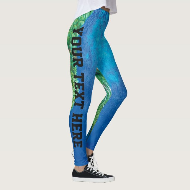 Peacock Blue Green Fether Art Custom Text hinzufüg Leggings (Rechts)
