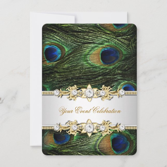 Peacock Blue Green Gold Elegantes Party Einladung (Vorderseite)