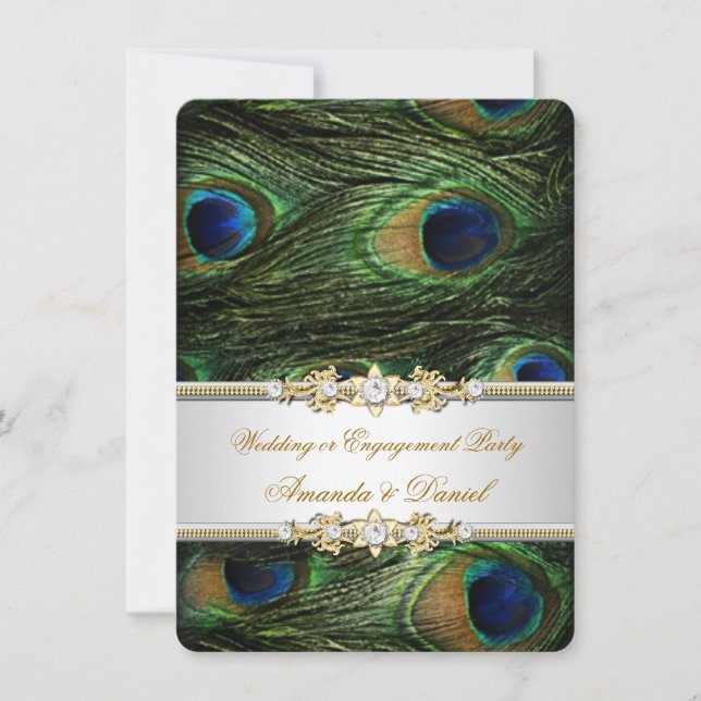 Peacock Blue Green Gold Hochzeit oder Verlobung Einladung (Vorderseite)