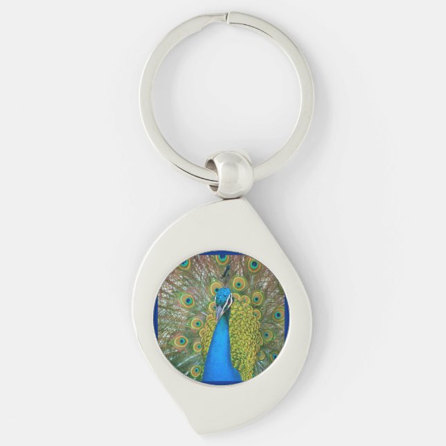 Peacock Blue Head mit bunten Schwanz Feathers Schlüsselanhänger (Vorderseite)